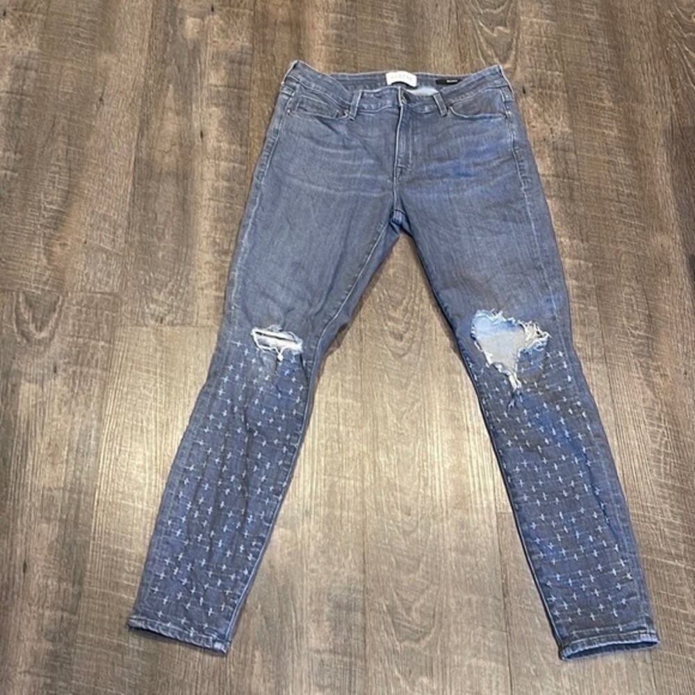 Parker Smith skinny busted knee embroidered lower leg jeans